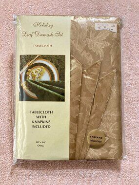 Holiday Leaf Demask Gold Tablecloth & 6 Napkins Holiday Fall Winter 60”x84” Oval